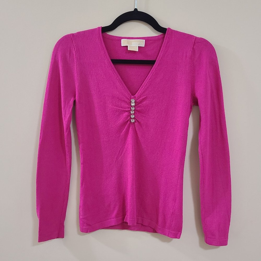 EUC MICHAEL Michael Kors Fuscia Pink Barbiecore Sweater w/Jewelled Buttons